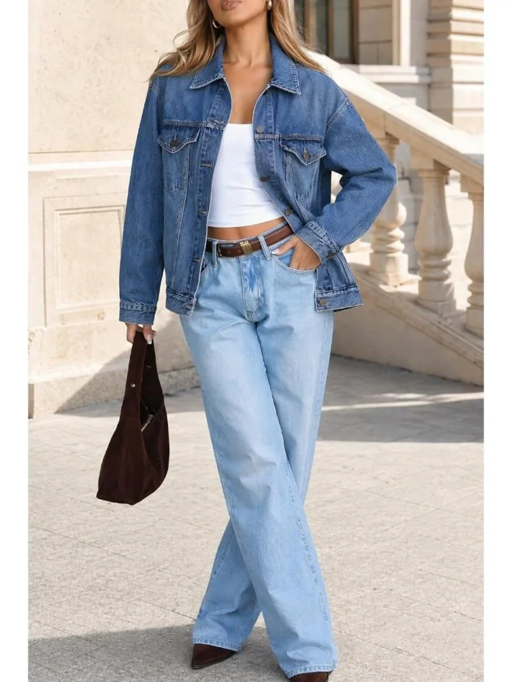 Women's Blue Oversized Casual Trucker Jeans Jacket Long Sleeve Button Down Coat